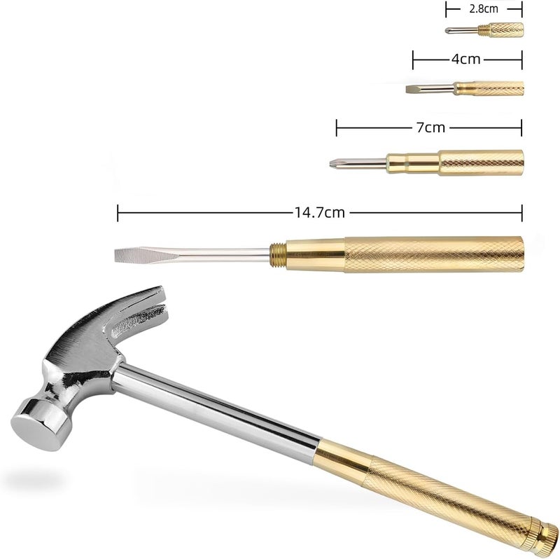 Kinobo Small Metal Hammer 6 in 1 with Slotted/Flat Head Phillips Screwdriver Claw Hammer Manual, Portable Multifunction Tool Hammer (Gold Silver) - Image 4